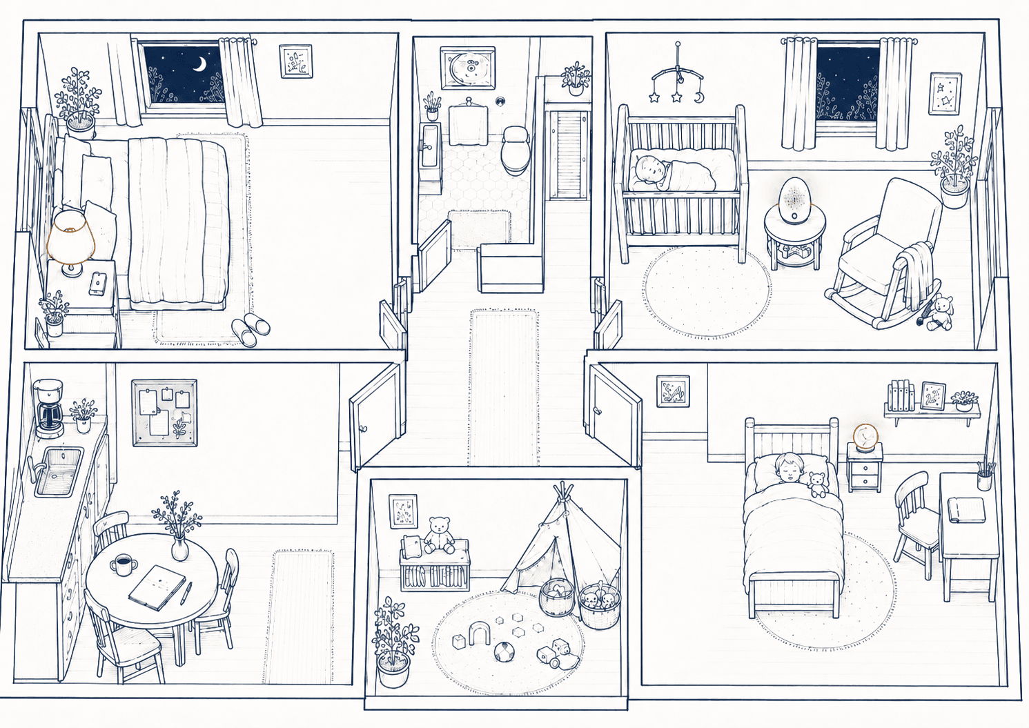 Illustrated floor plan of a family home at night with a nursery, parents' bedroom, kitchen, playroom, and child's bedroom.