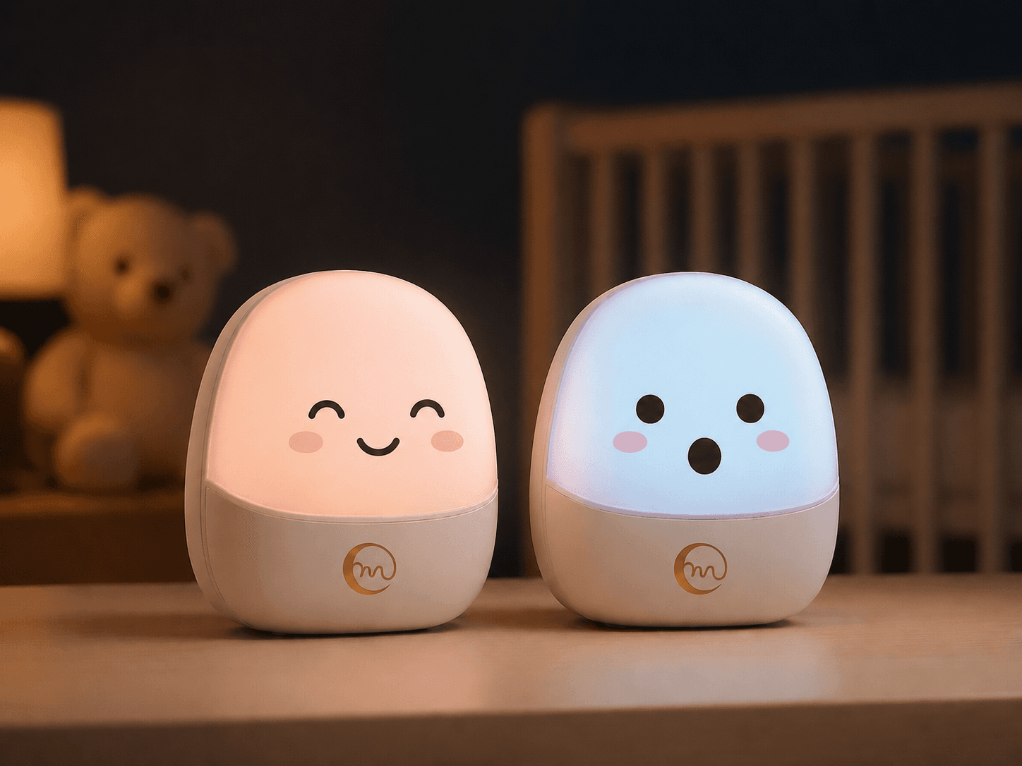 Two Night Nanny units side by side — a smiling pink-glow face and a soft blue-glow face — on a nursery shelf with a teddy bear and crib in the soft-focus background, music notes drifting up from each.