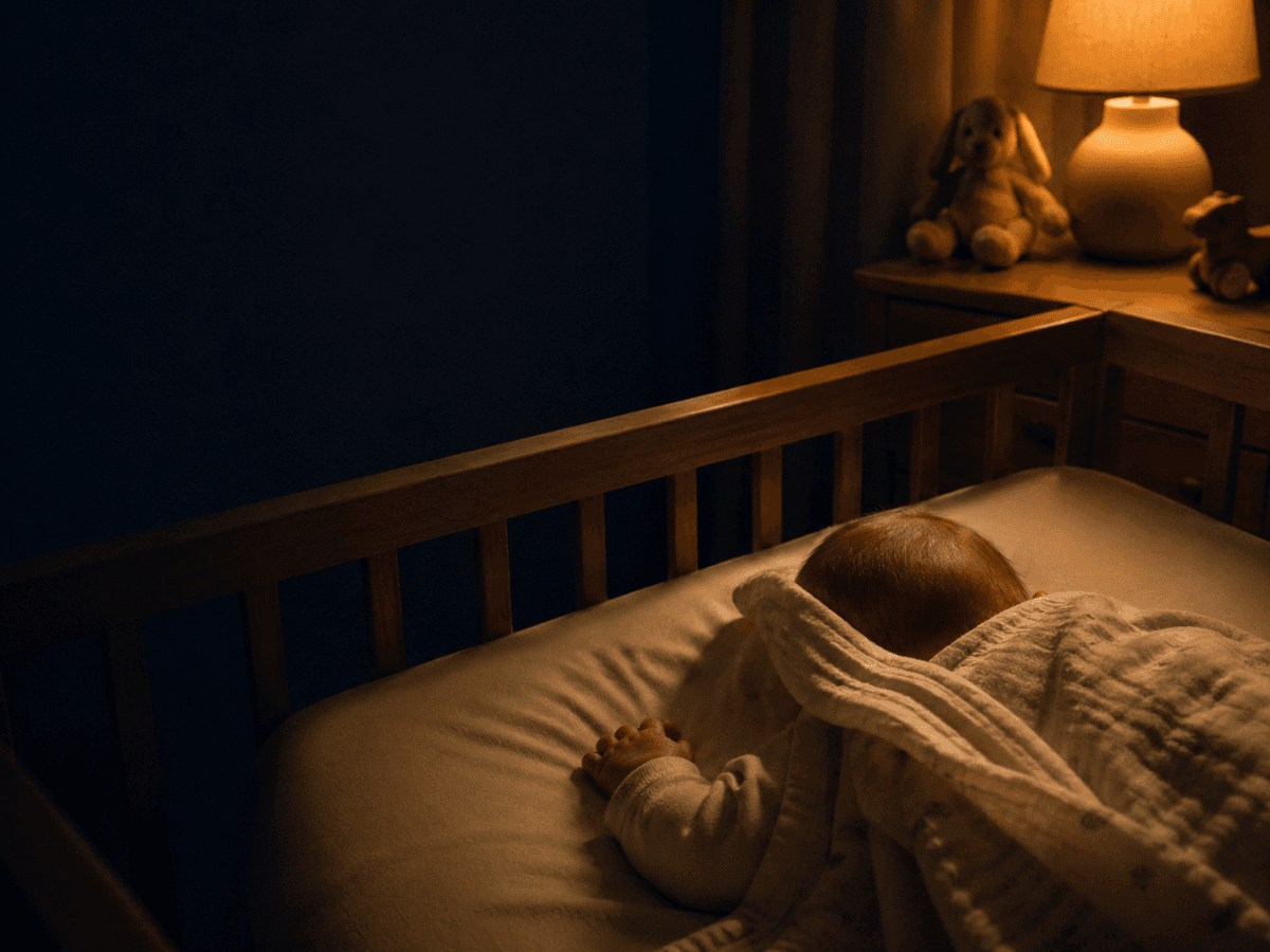 Soft-focus nursery view: a muslin blanket drifting across a sleeping infant's chest under warm amber crib light.