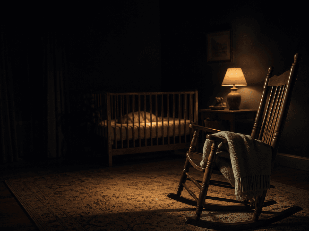 Quiet, dim nursery scene: empty rocking chair beside a crib in a pool of amber lamplight, suggesting watchful stillness and the question of whether silence means rest or something else.