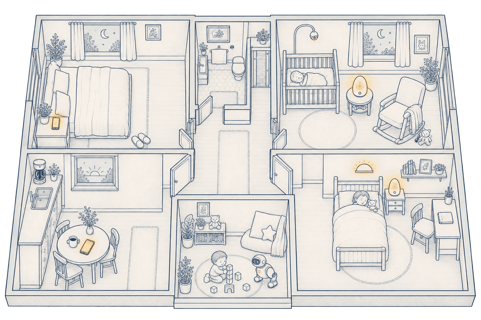 Illustrated floor plan of a family home: a nursery with Night Nanny beside the crib, the parents' bedroom, a kitchen at sunrise, a playroom with a toddler and a small robot, and a big kid's room.