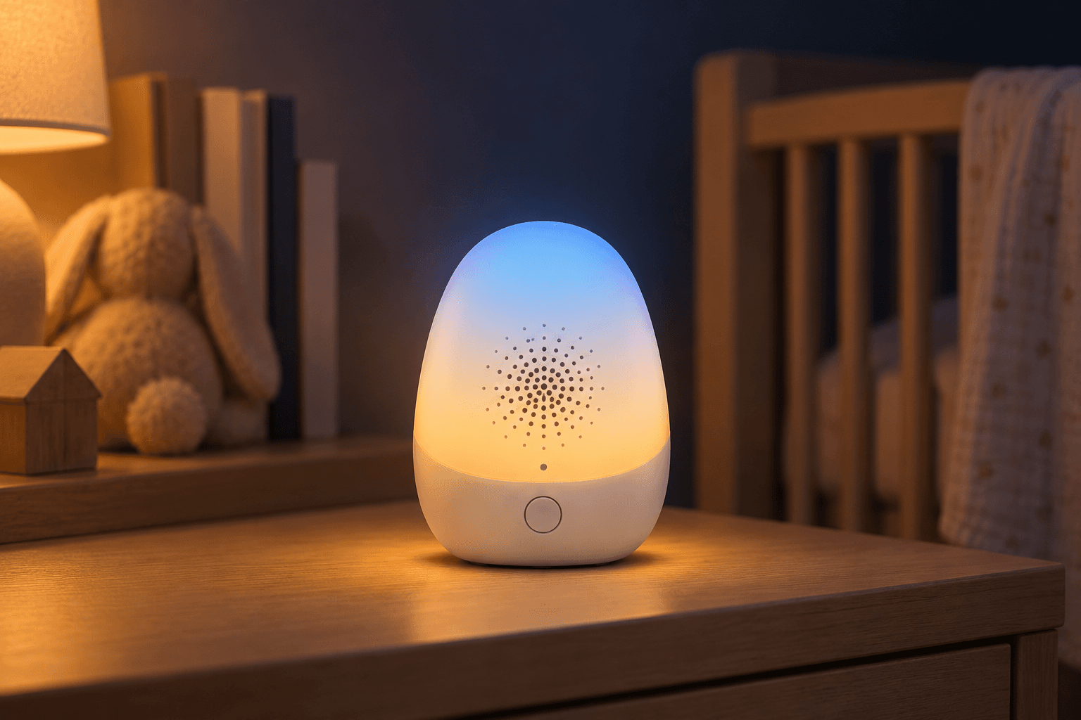 The egg-shaped Night Nanny device on a nursery dresser at night, its glow shifting from warm amber at the base to soft blue at the top, with a plush bunny and crib in the soft-focus background.